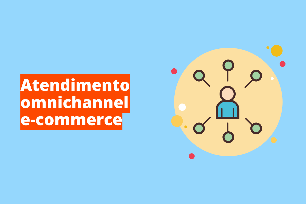 Montagem com fundo azul e frase Atendimento omnichannel e-commerce à esquerda com fundo laranja e símbolo web que representa o tema à direita