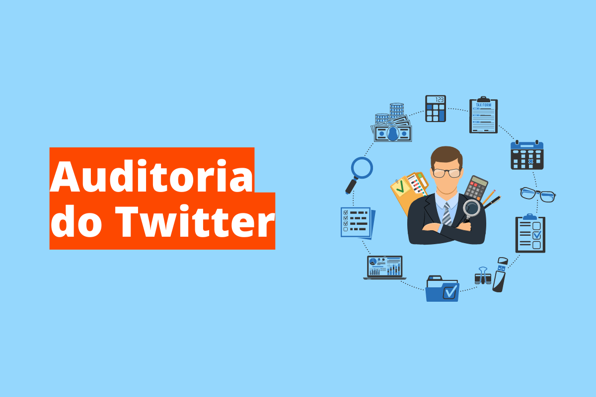 Montagem com fundo azul e frase Auditoria do Twitter à esquerda com fundo laranja e símbolo web que representa o tema à direita