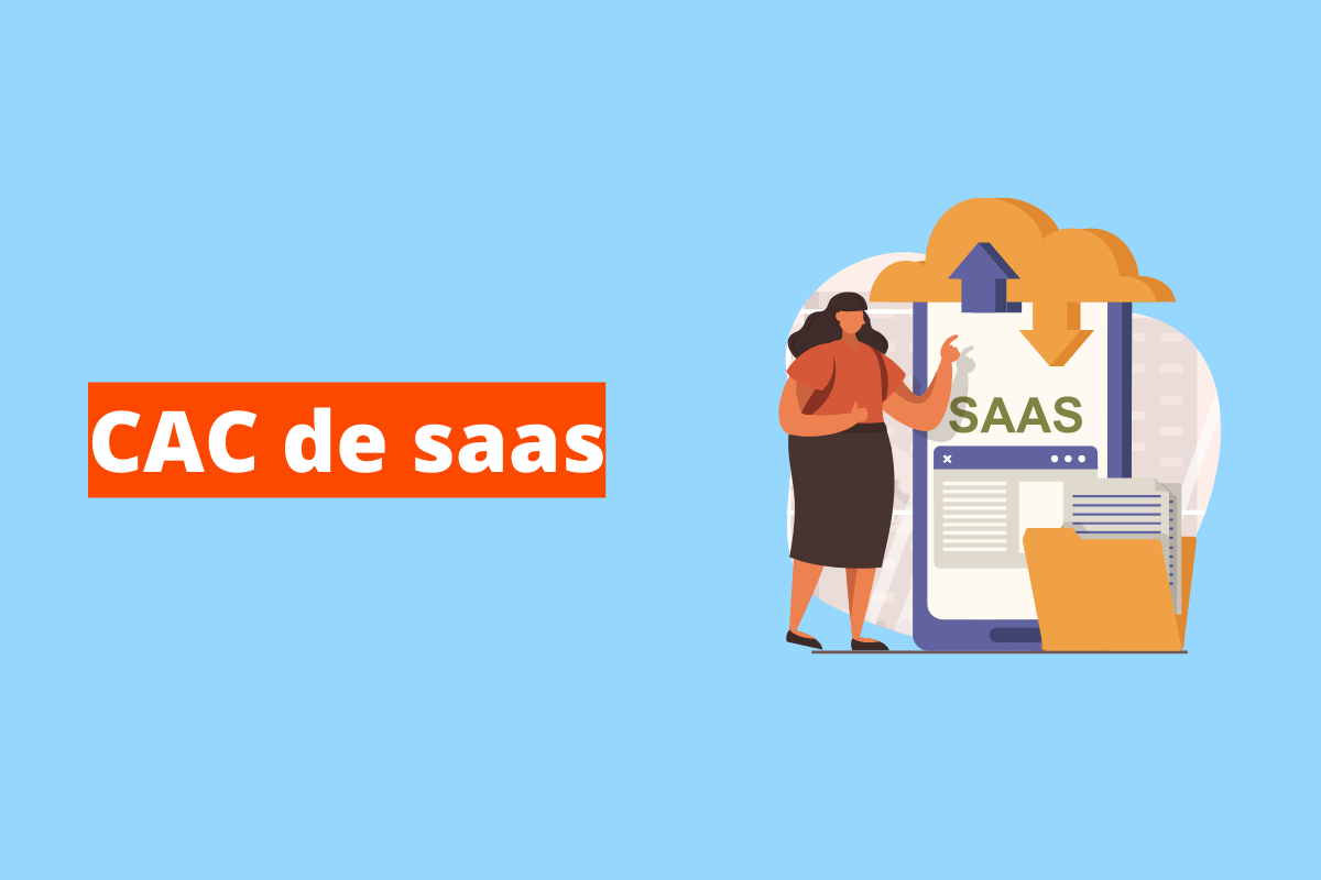 Montagem com fundo azul e frase CAC de SaaS à esquerda com fundo laranja e símbolo web que representa o tema à direita