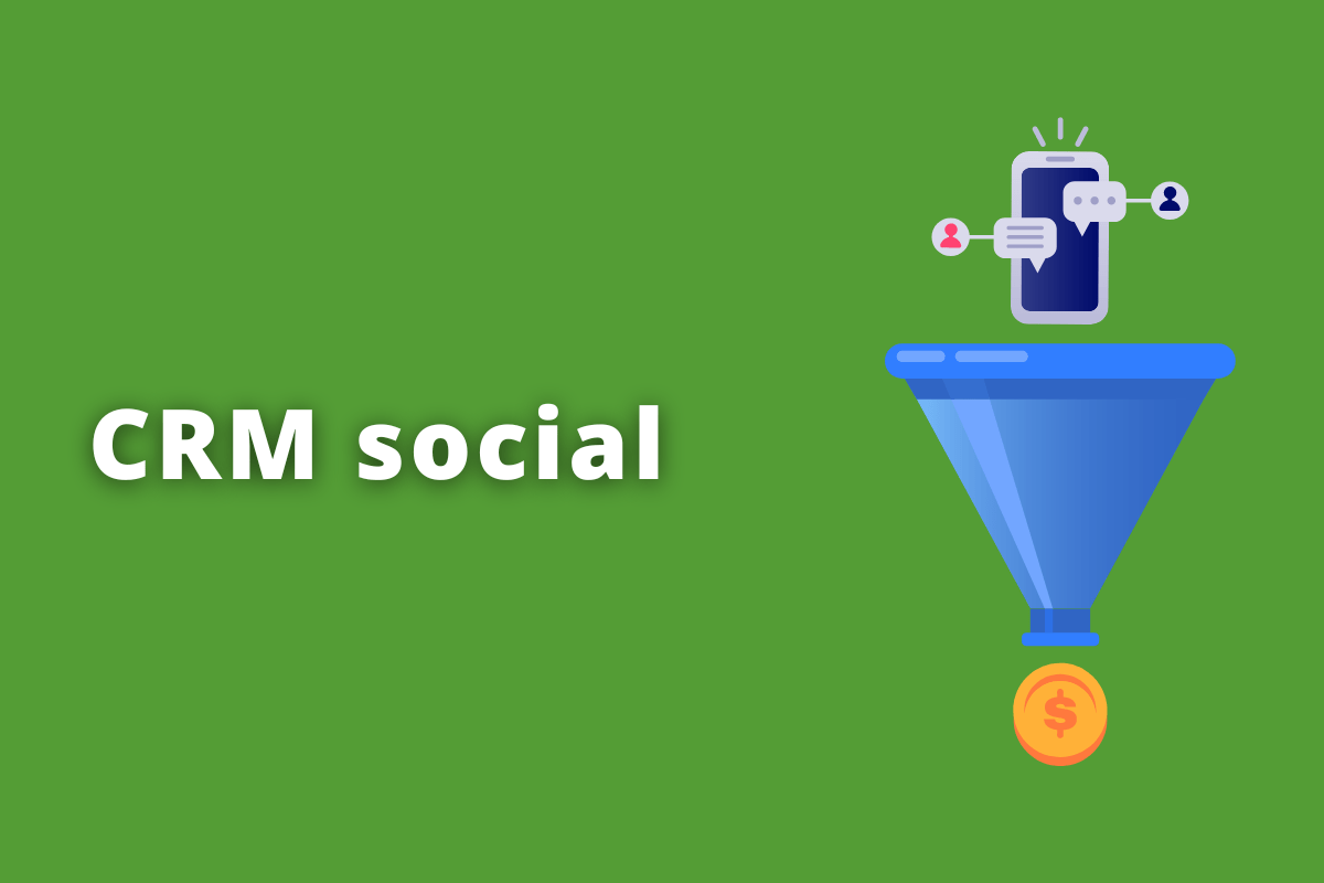 Montagem com fundo verde e frase CRM social em branco com símbolo web à direita que representa o tema