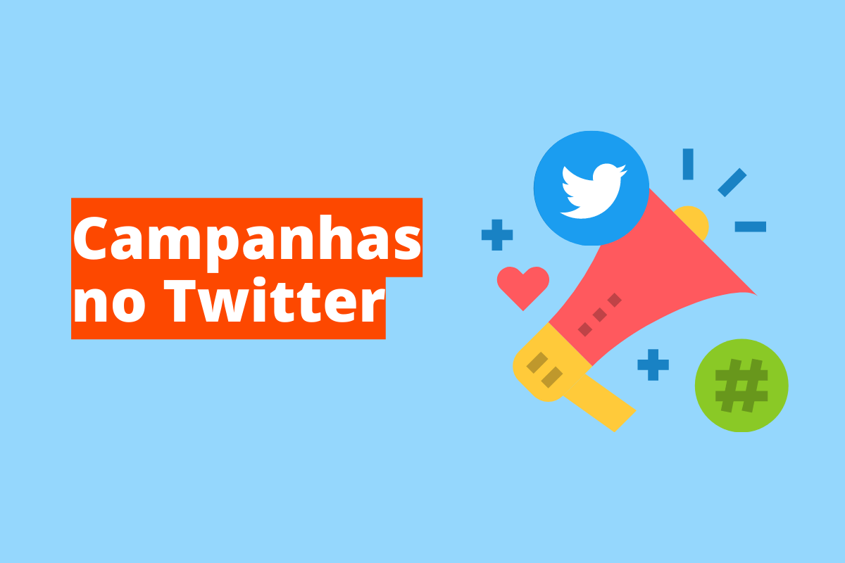 Montagem com fundo azul e frase Campanhas no Twitter à esquerda com fundo laranja e símbolo web que representa o tema à direita