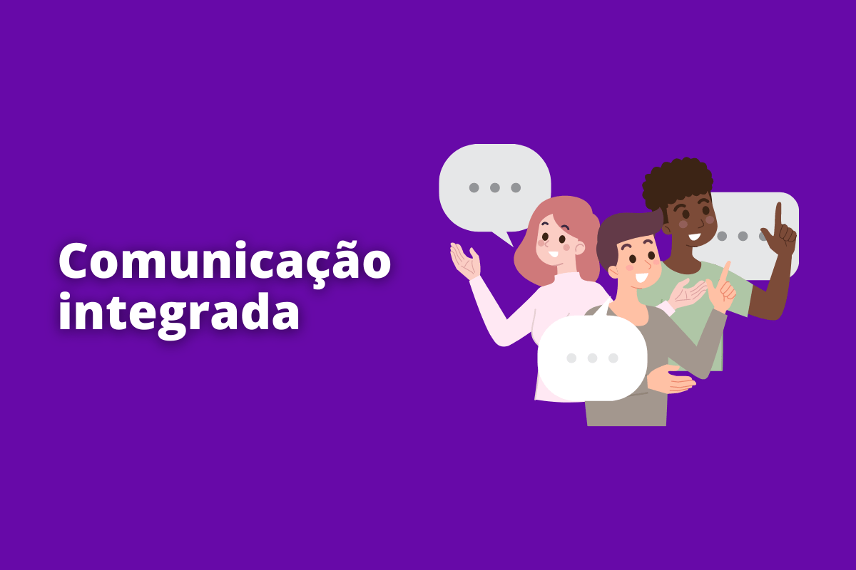 Montagem com fundo roxo e frase Comunicação integrada em branco com símbolo web à direita que representa o tema
