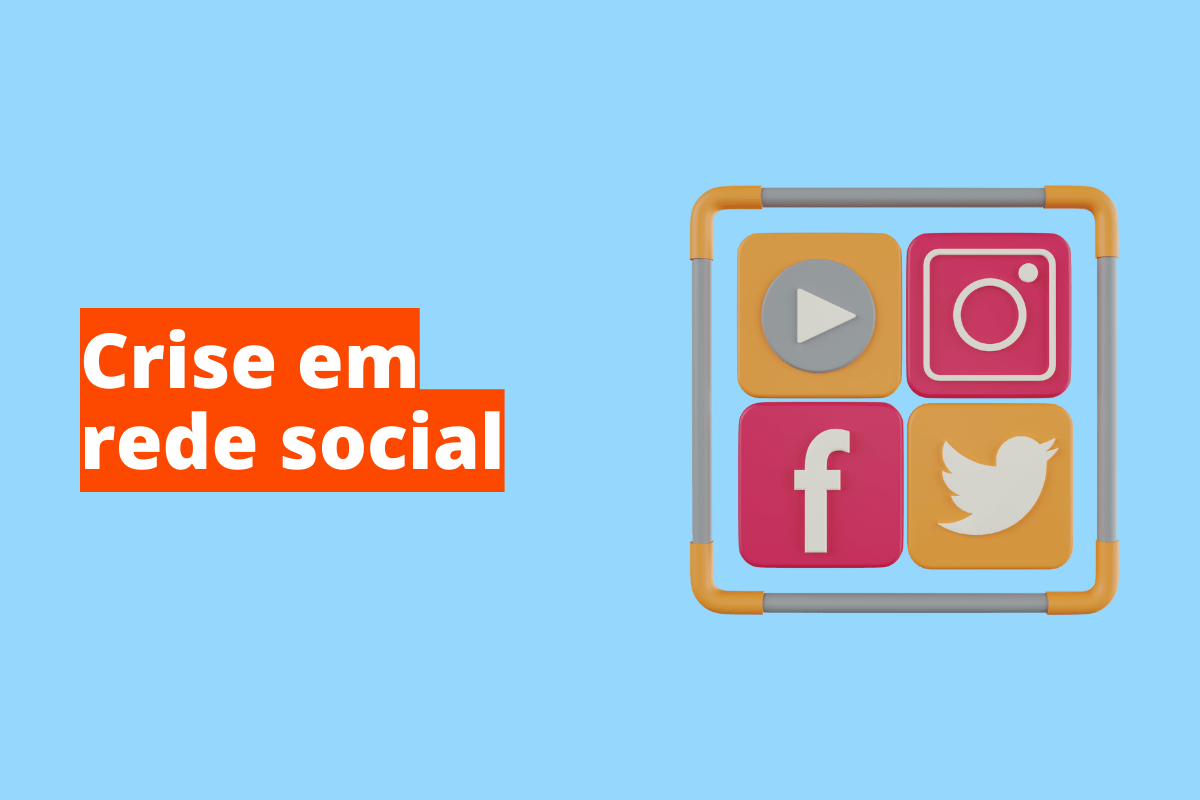 Montagem com fundo azul e frase Crise em rede social à esquerda com fundo laranja e símbolo web que representa o tema à direita