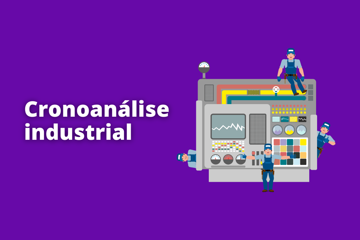 Montagem com fundo roxo e frase Cronoanálise industrial em branco com símbolo web à direita que representa o tema