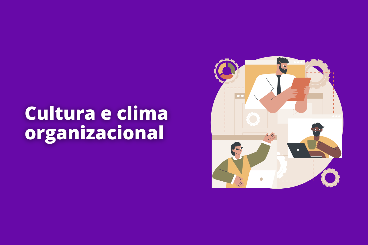 Montagem com fundo roxo e frase Cultura e clima organizacional em branco com símbolo web à direita que representa o tema