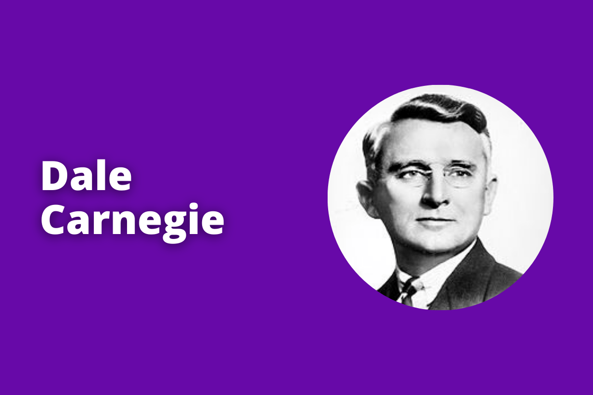 Montagem com fundo roxo e nome Dale Carnegie em branco com símbolo web à direita que representa o tema