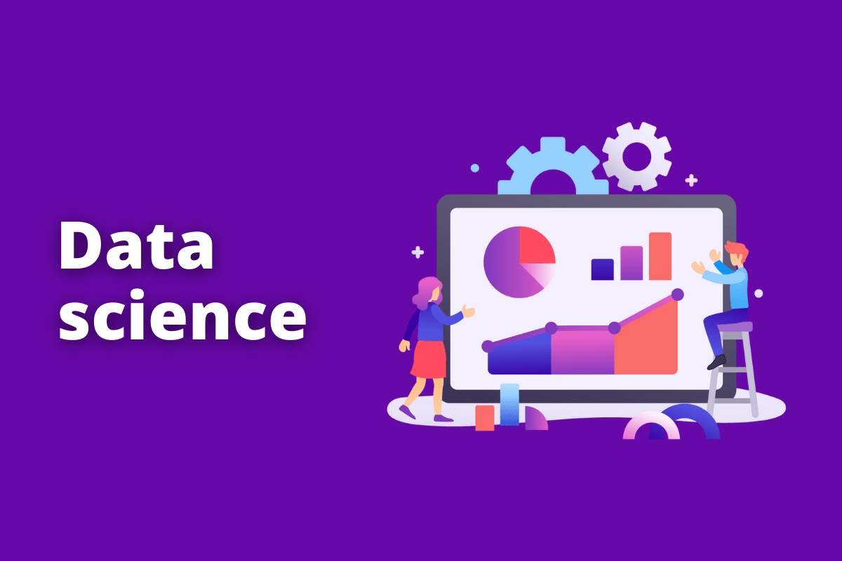 Montagem com fundo roxo e frase Data Science em branco com símbolo web à direita que representa o tema