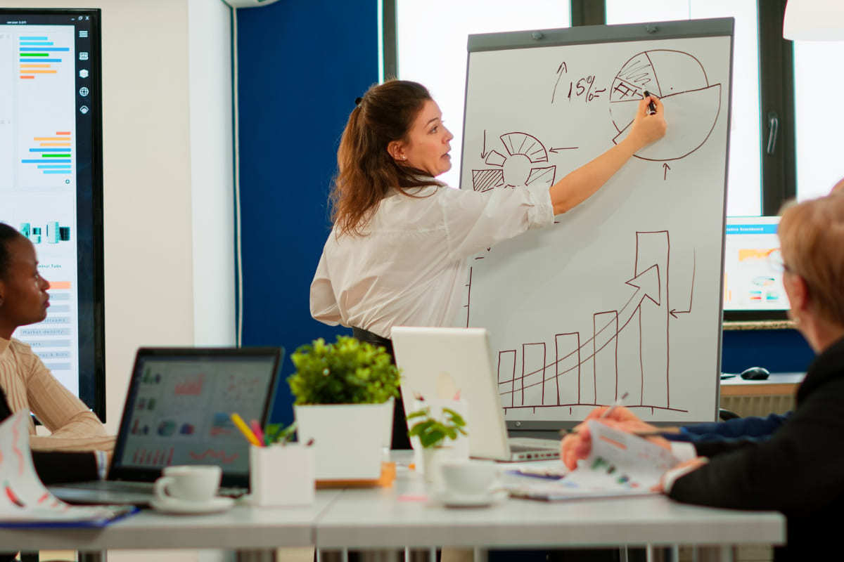 Mulher desenhando gráficos em painel branco durante reunião diante de colegas para Demonstração de produto