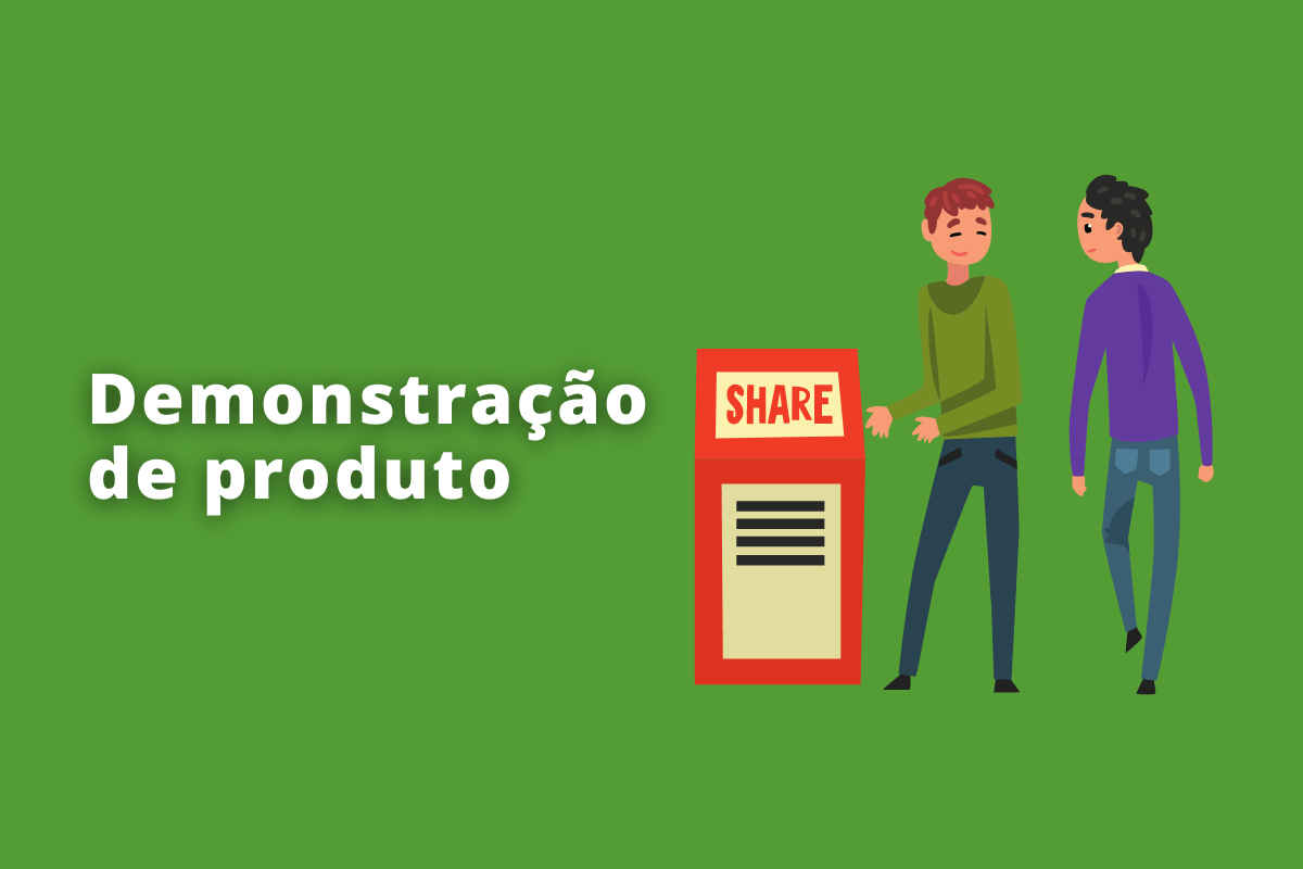 Montagem com fundo verde e frase Demonstração de produto em branco com símbolo web à direita que representa o tema