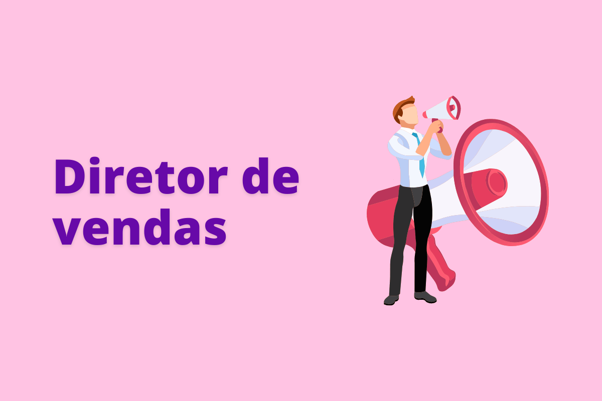 Montagem com fundo rosa e frase Diretor de vendas em branco com símbolo web à direita que representa o tema
