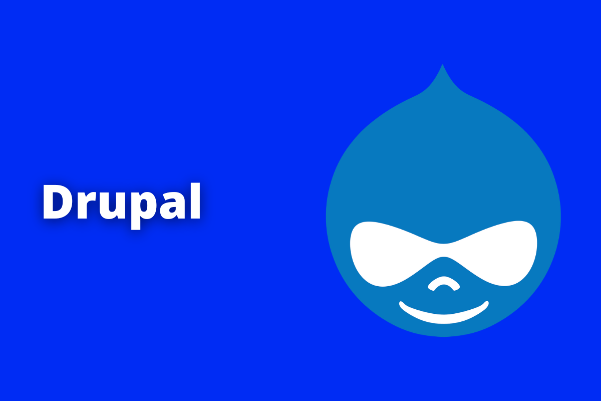 Montagem com fundo azul e termo Drupal em branco com símbolo web à direita que representa o tema