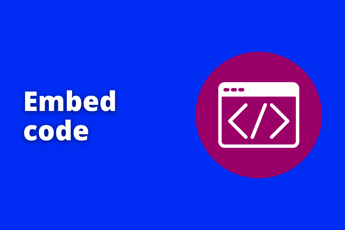Montagem com fundo azul e frase Embed code em branco com símbolo web à direita que representa o tema