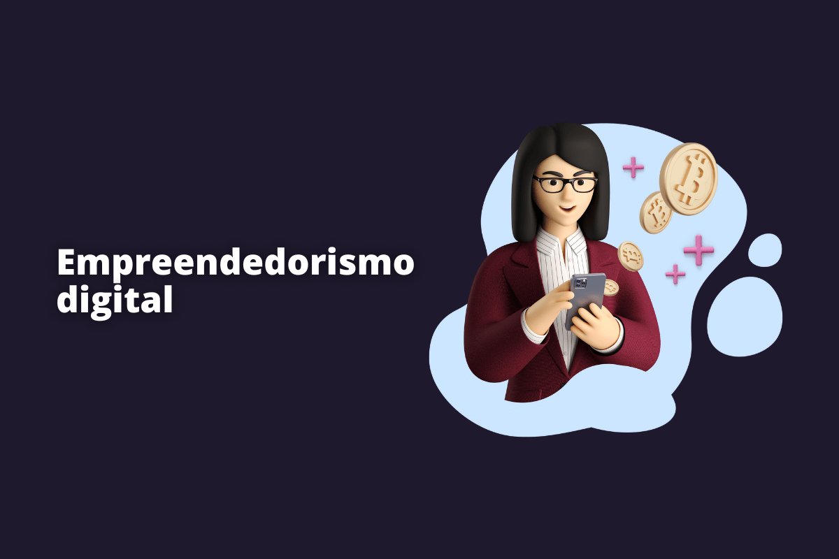 Montagem com fundo preto e frase Empreendedorismo Digital em branco à esquerda e símbolo web que representa o tema à direita