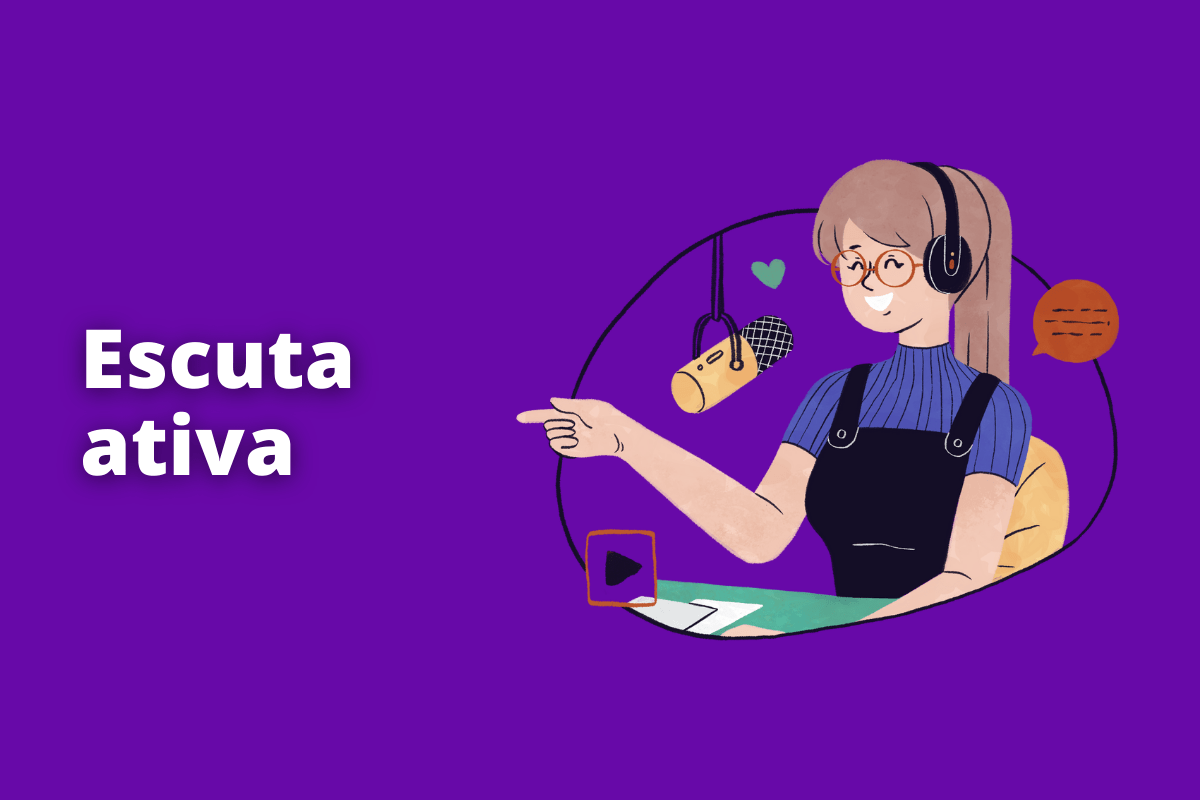 Montagem com fundo roxo e frase Escuta ativa em branco com símbolo web à direita que representa o tema