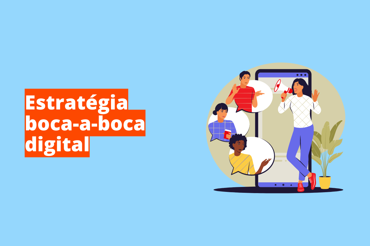 Montagem com fundo azul e frase Estratégia boca-a-boca digital à esquerda com fundo laranja e símbolo web que representa o tema à direita