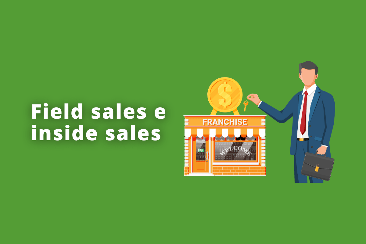 Montagem com fundo verde e frase Field sales e inside sales em branco com símbolo web à direita que representa o tema