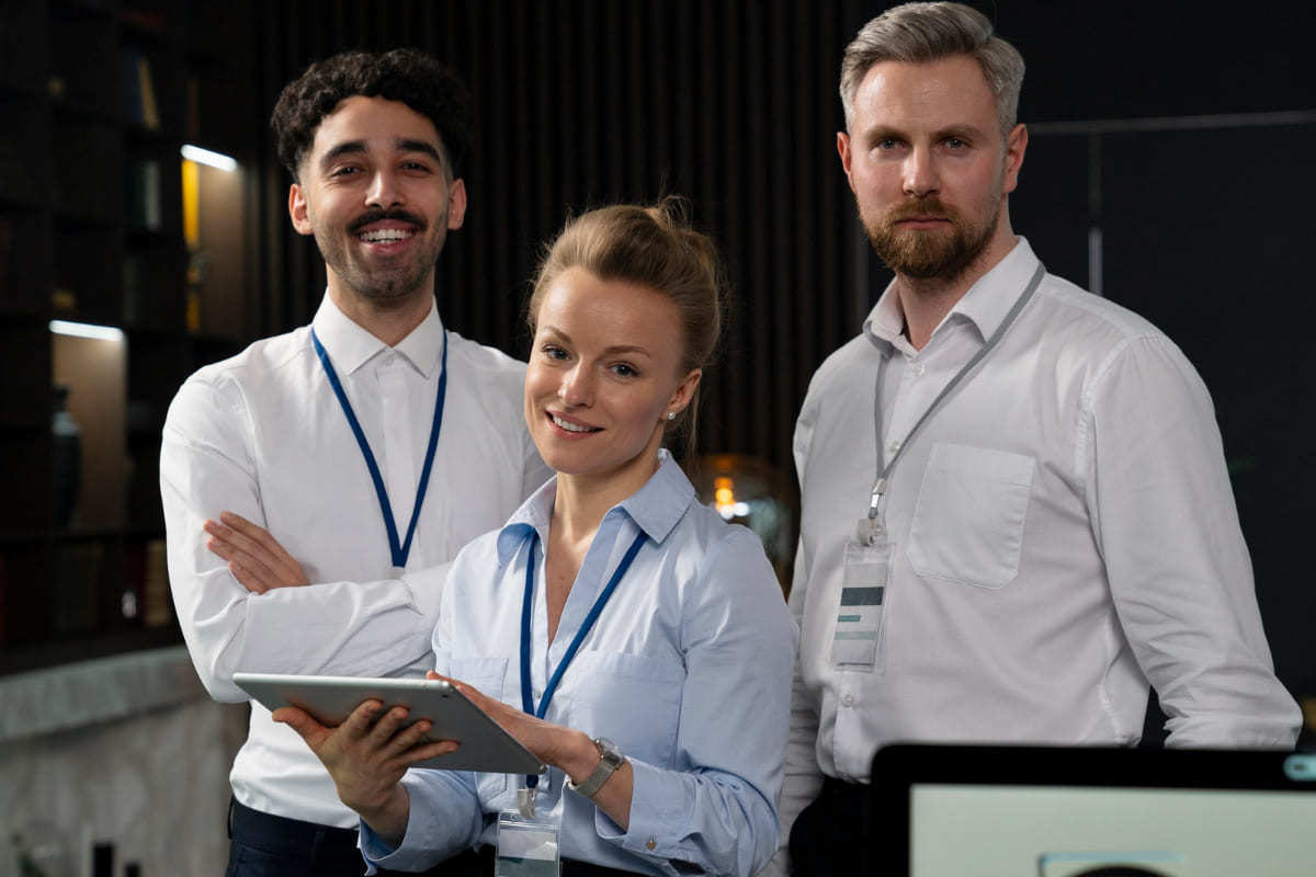 Empresa: Finanças corporativas e-commerce Mulher e dois homens em empresa com crachás e com pose de prontos para desafios