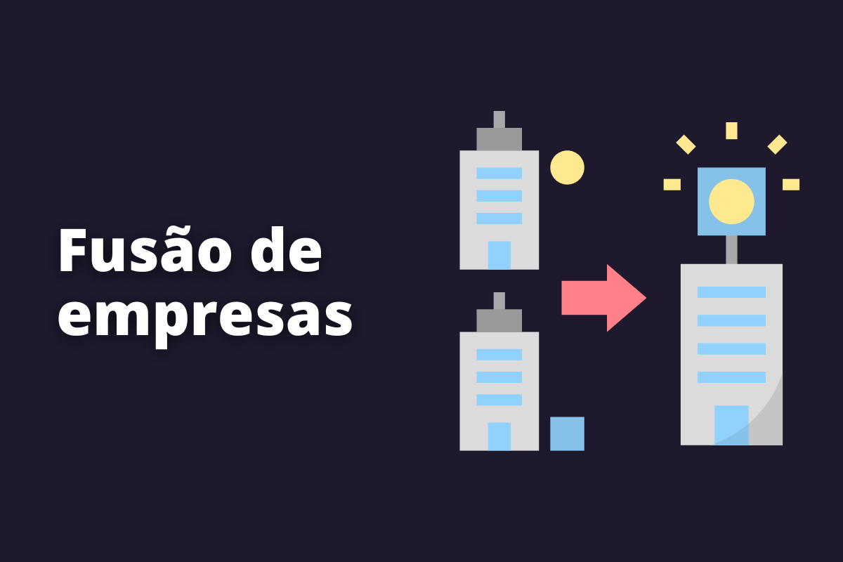 Montagem com fundo preto e frase Fusão de empresas em branco com símbolo web à direita que representa o tema