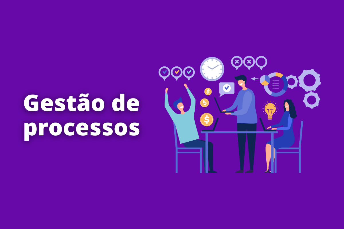Montagem com fundo roxo e frase Gestão de processos em branco com símbolo web à direita que representa o tema