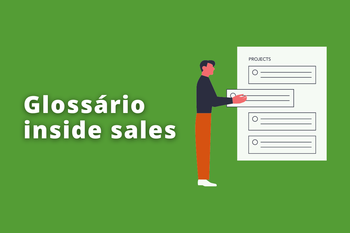 Montagem com fundo verde e frase Glossário inside sales em branco à esquerda e símbolo web que representa o tema à direita