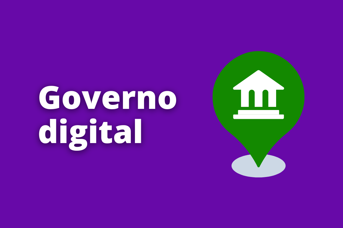 Montagem com fundo roxo e frase Governo digital em branco com símbolo web à direita que representa o tema