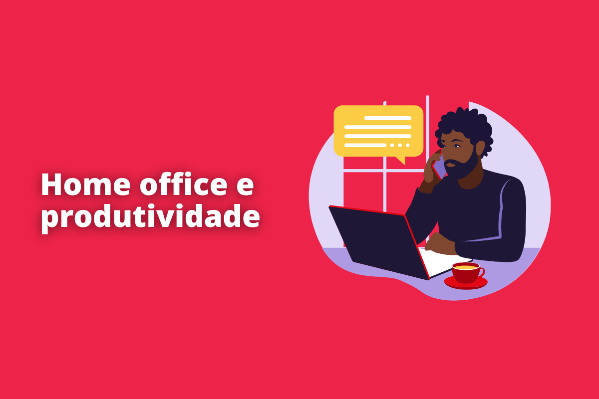 Montagem com fundo em tom goiaba e frase Home office e produtividade em branco à esquerda e símbolo web que representa o tema à direita