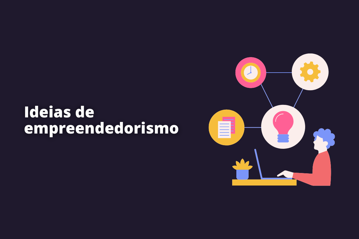 Montagem com fundo preto e frase Ideias de empreendedorismo em branco com símbolo web à direita que representa o tema