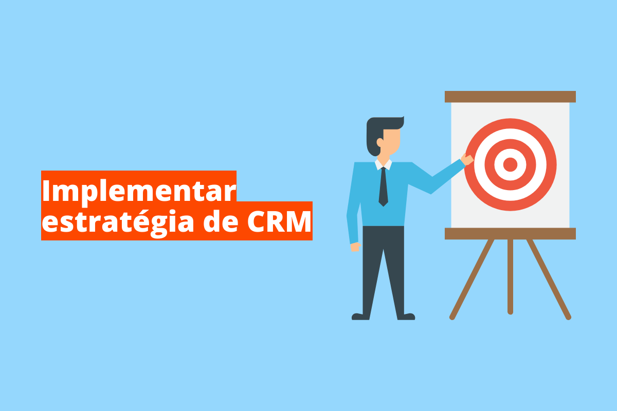 Montagem com fundo azul e frase Implementar estratégia de CRM à esquerda com fundo laranja e símbolo web que representa o tema à direita