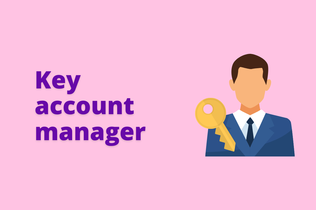 Montagem com fundo rosa e frase Key account manager em branco com símbolo web à direita que representa o tema
