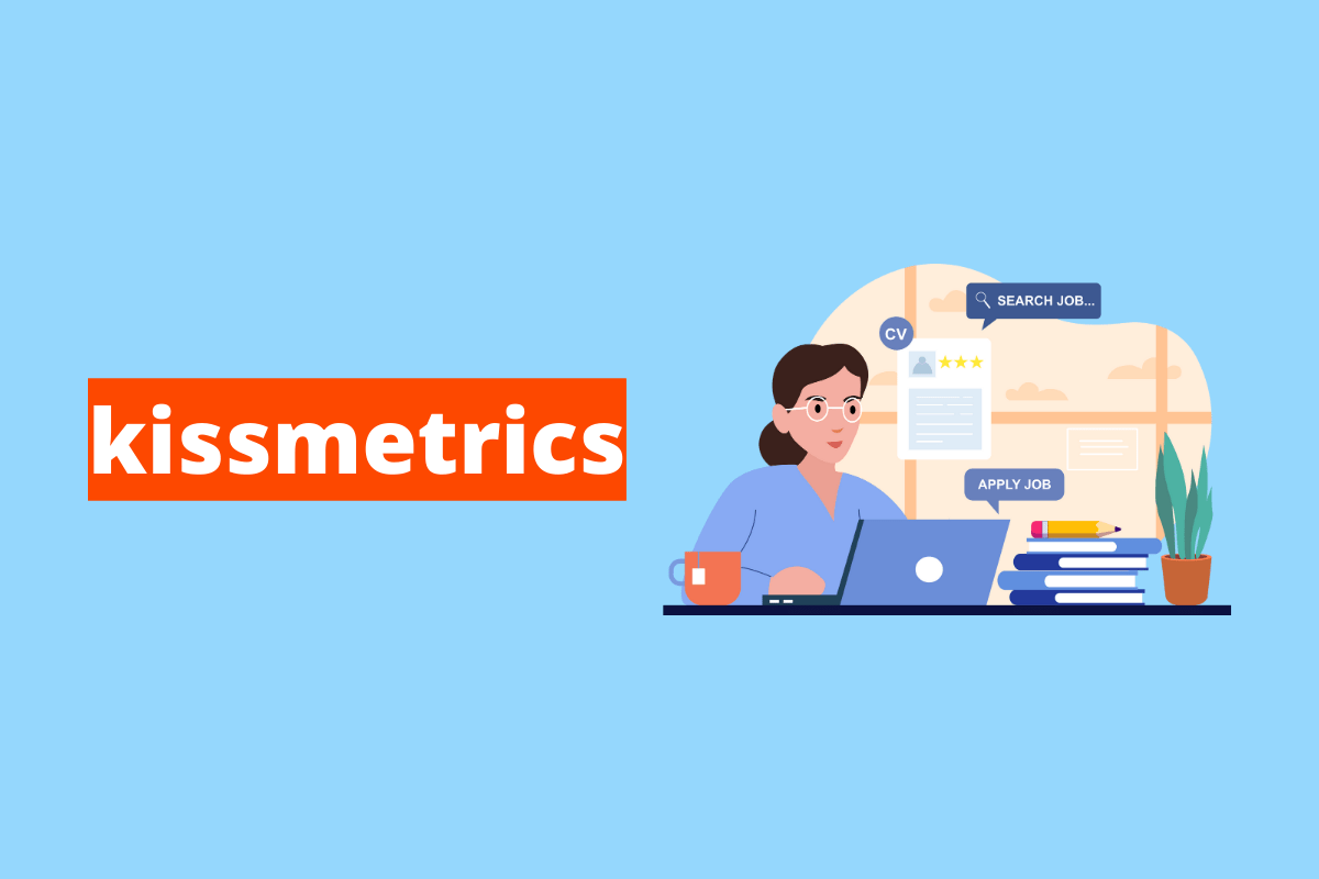 Montagem com fundo azul e termo Kissmetrics à esquerda com fundo laranja e símbolo web que representa o tema à direita