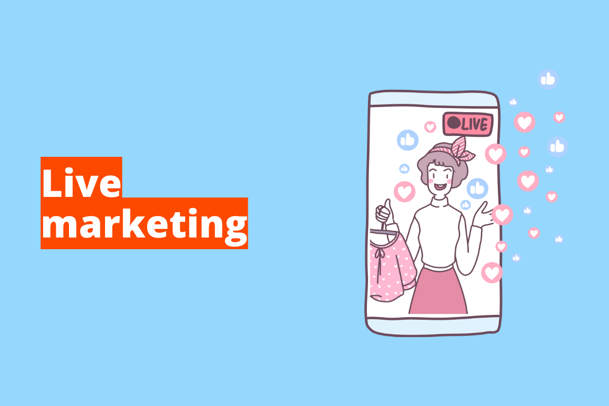 Montagem com fundo azul e frase Live marketing em branco à esquerda com fundo laranja e símbolo web que representa o tema à direita