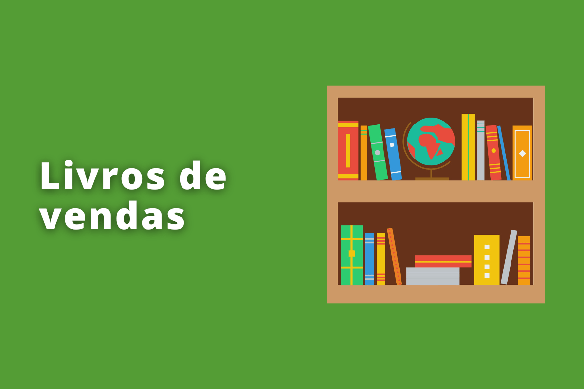 Montagem com fundo verde e frase Livros de vendas em branco com símbolo web à direita que representa o tema