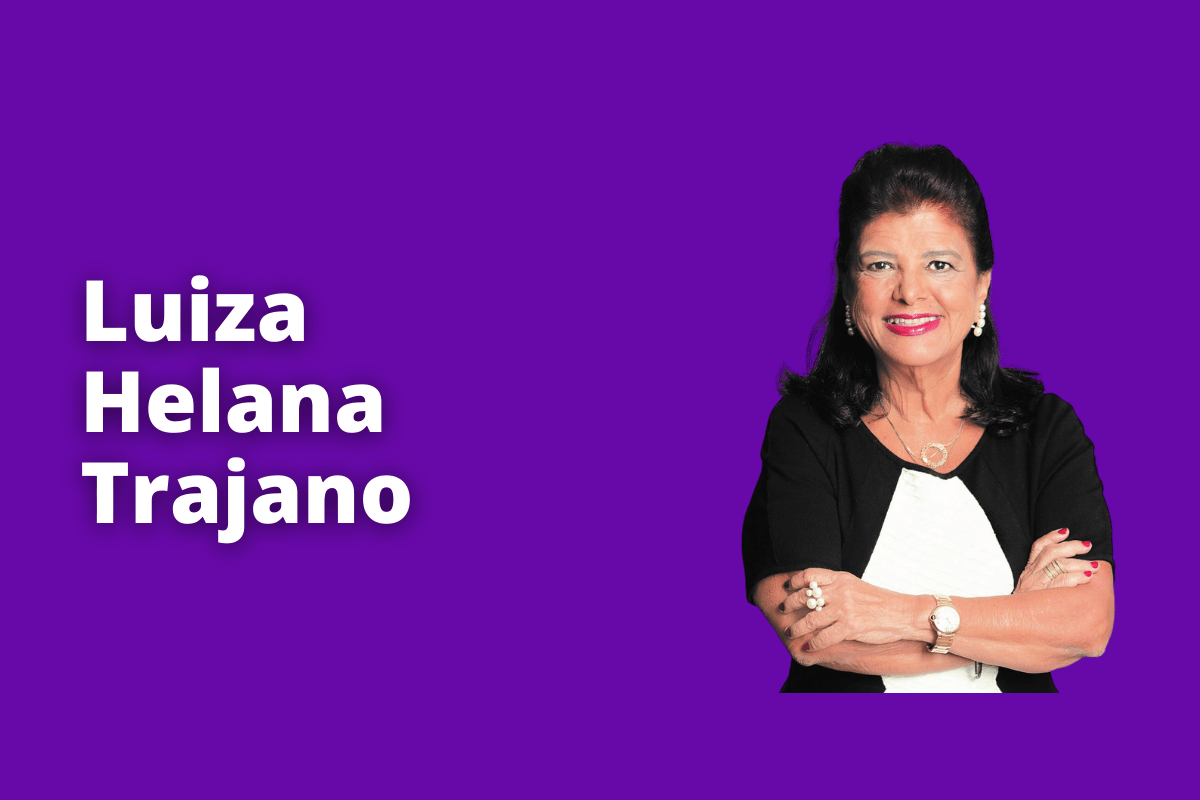 Montagem com fundo roxo e nome Luiza Helena Trajano em branco com símbolo web à direita que representa o tema