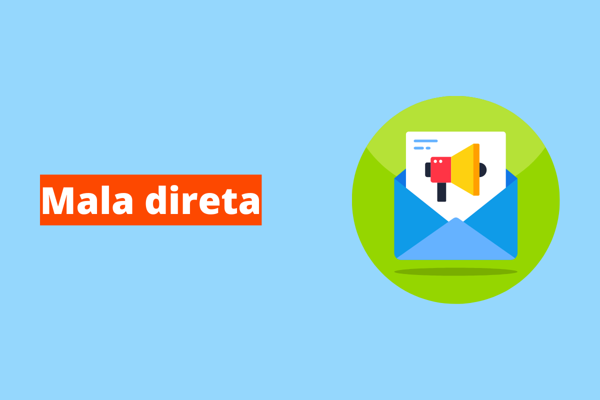 Montagem com fundo azul e frase Mala direta em branco à esquerda com fundo laranja e símbolo web que representa o tema à direita