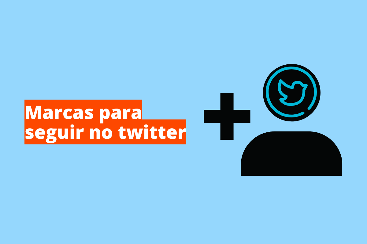 Montagem com fundo azul e frase Marcas para seguir no Twitter à esquerda com fundo laranja e símbolo web que representa o tema à direita