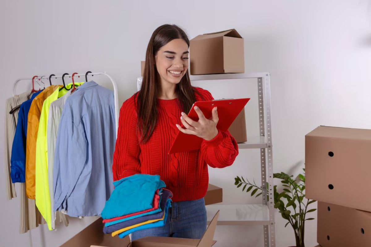 Estratégia: Marketing convencional Mulher sorridente segurando prancheta em local análogo à loja de roupas, para preparar estratégia de Marketing convencional