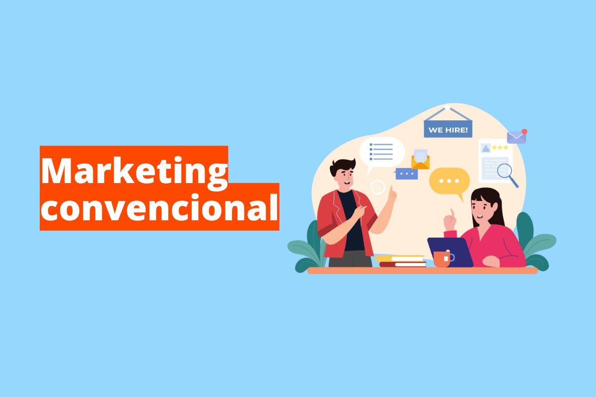 Montagem com fundo azul e frase Marketing convencional à esquerda com fundo laranja e símbolo web que representa o tema à direita