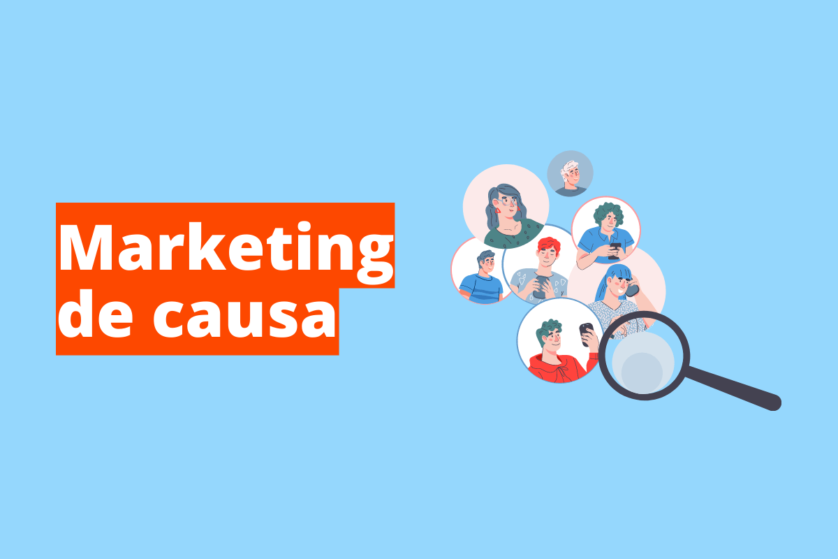 Montagem com fundo azul e frase Marketing de causa à esquerda com fundo laranja e símbolo web que representa o tema à direita