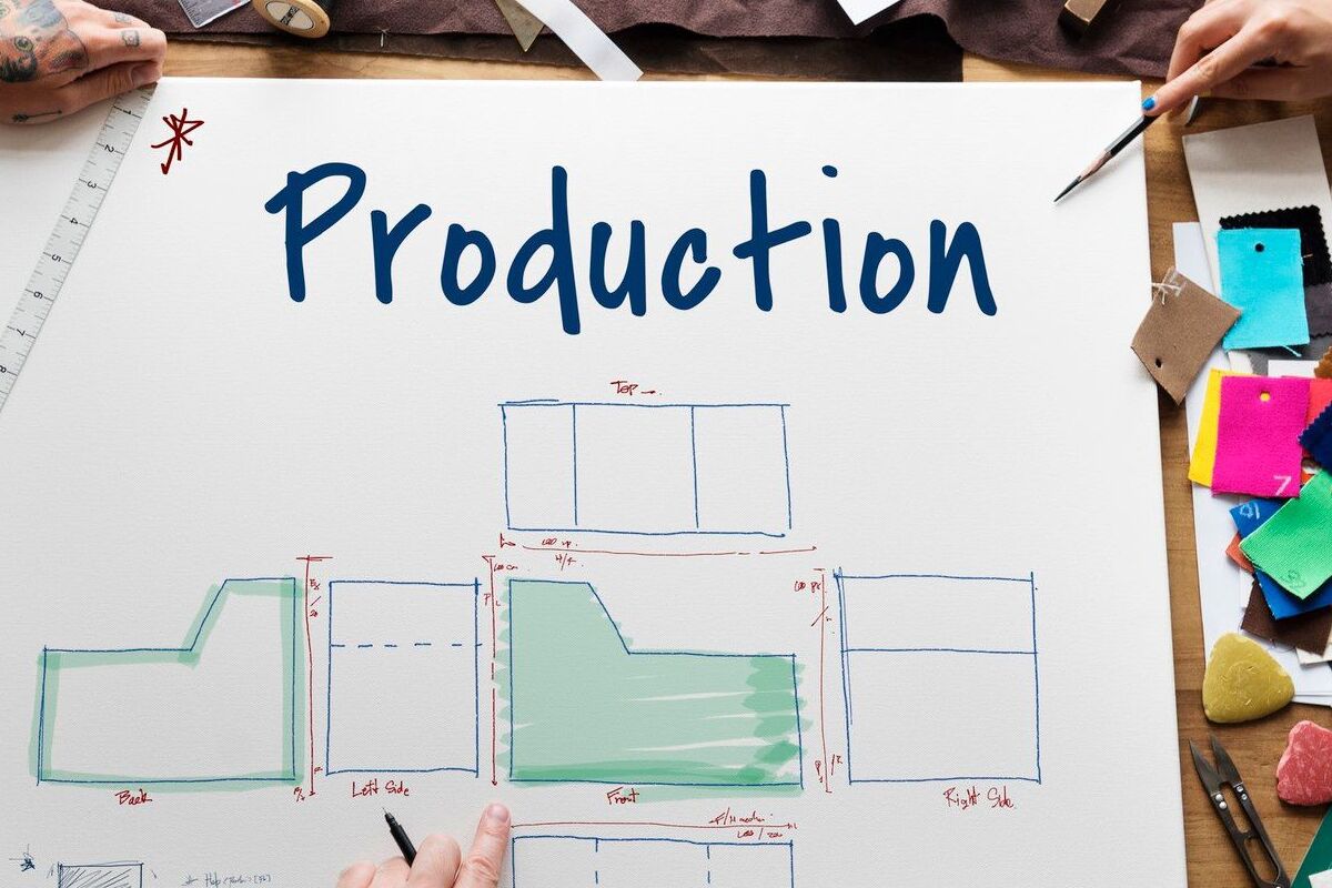 Projeto: Matriz Ansoff Desenho em folha de papel com projeto escrito production acima dos esboços