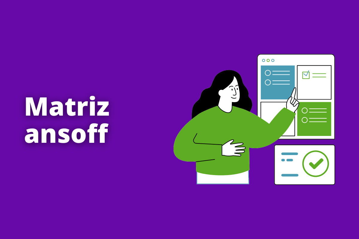 Montagem com fundo roxo e frase Matriz Ansoff em branco com símbolo web à direita que representa o tema