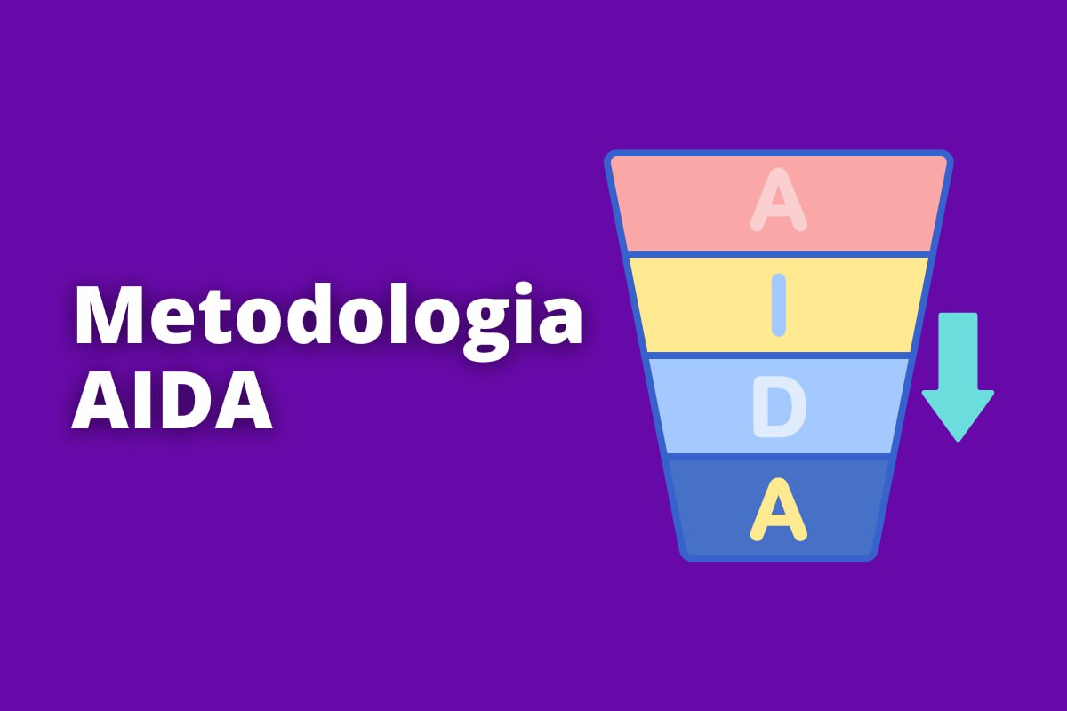 Montagem com fundo roxo e frase Metodologia AIDA em branco com símbolo web à direita que representa o tema