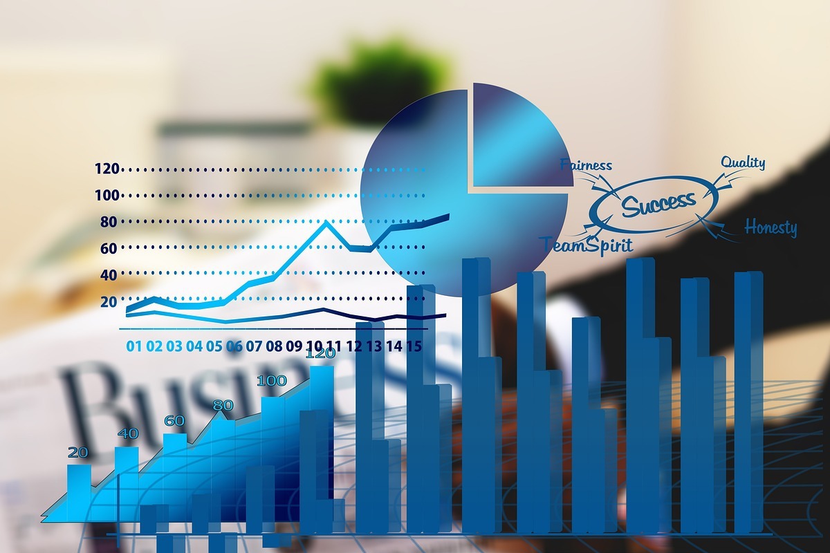 Gráficos: Métricas de negócio Montagem com nome Business e gráficos em ascensão simbolizando Métricas de negócio