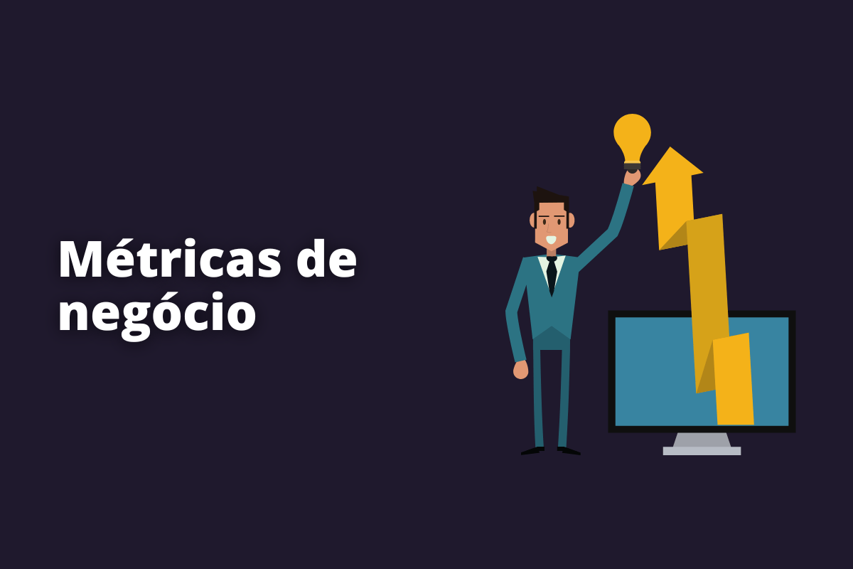 Montagem com fundo preto e frase Métricas de negócio em branco com símbolo web à direita que representa o tema