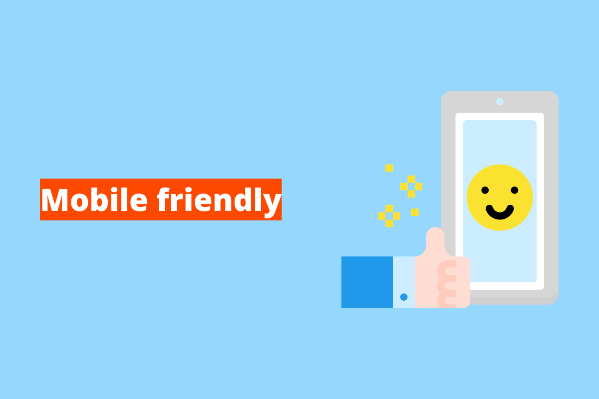 Montagem com fundo azul e frase Mobile friendly à esquerda com fundo laranja e símbolo web que representa o tema à direita