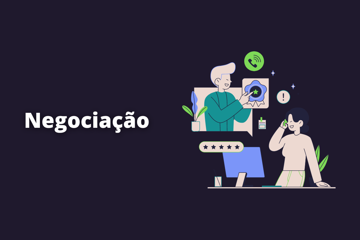 Montagem com fundo preto e termo Negociação em branco com símbolo web à direita que representa o tema
