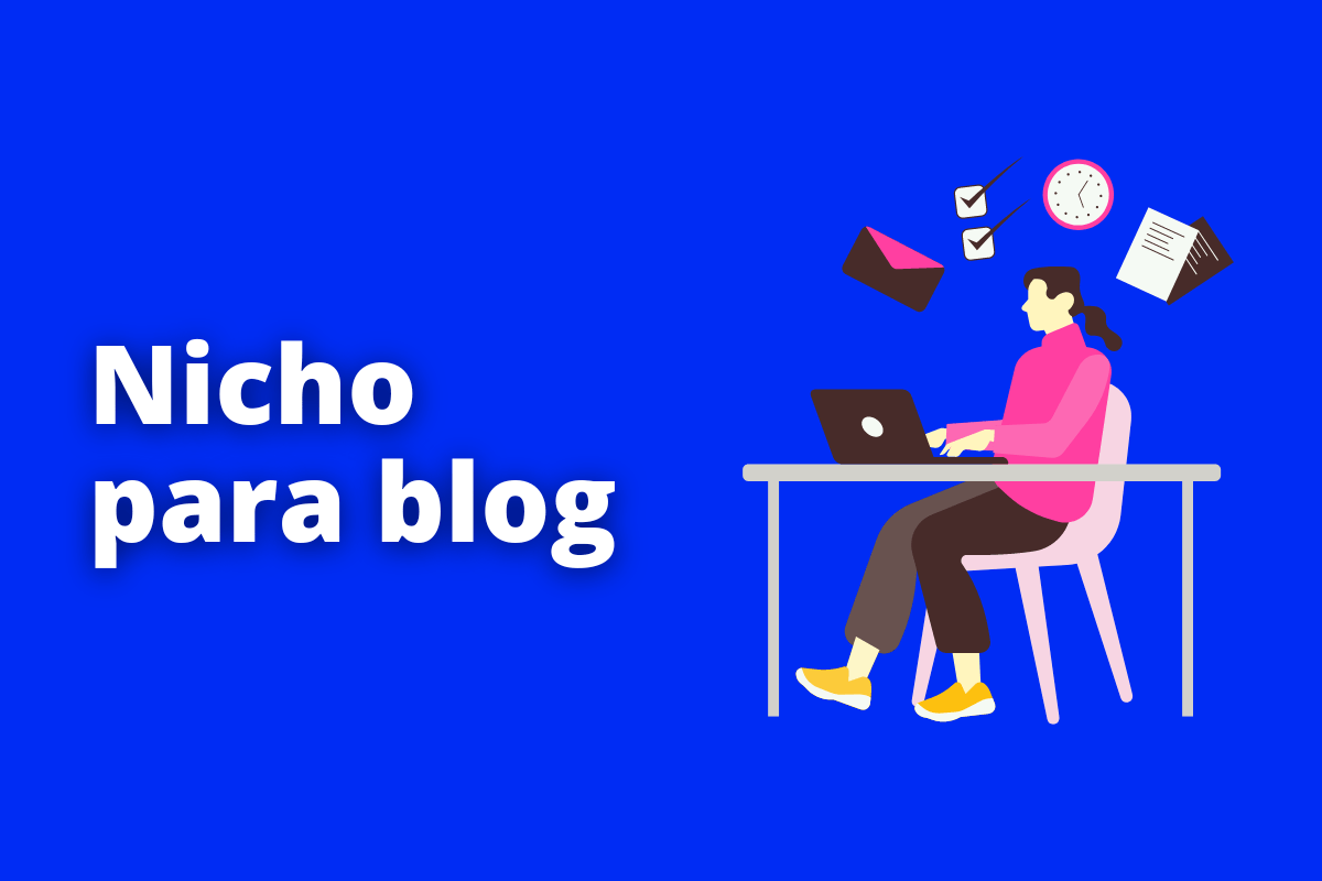 Montagem com fundo azul e frase Nicho para blog em branco com símbolo web à direita que representa o tema
