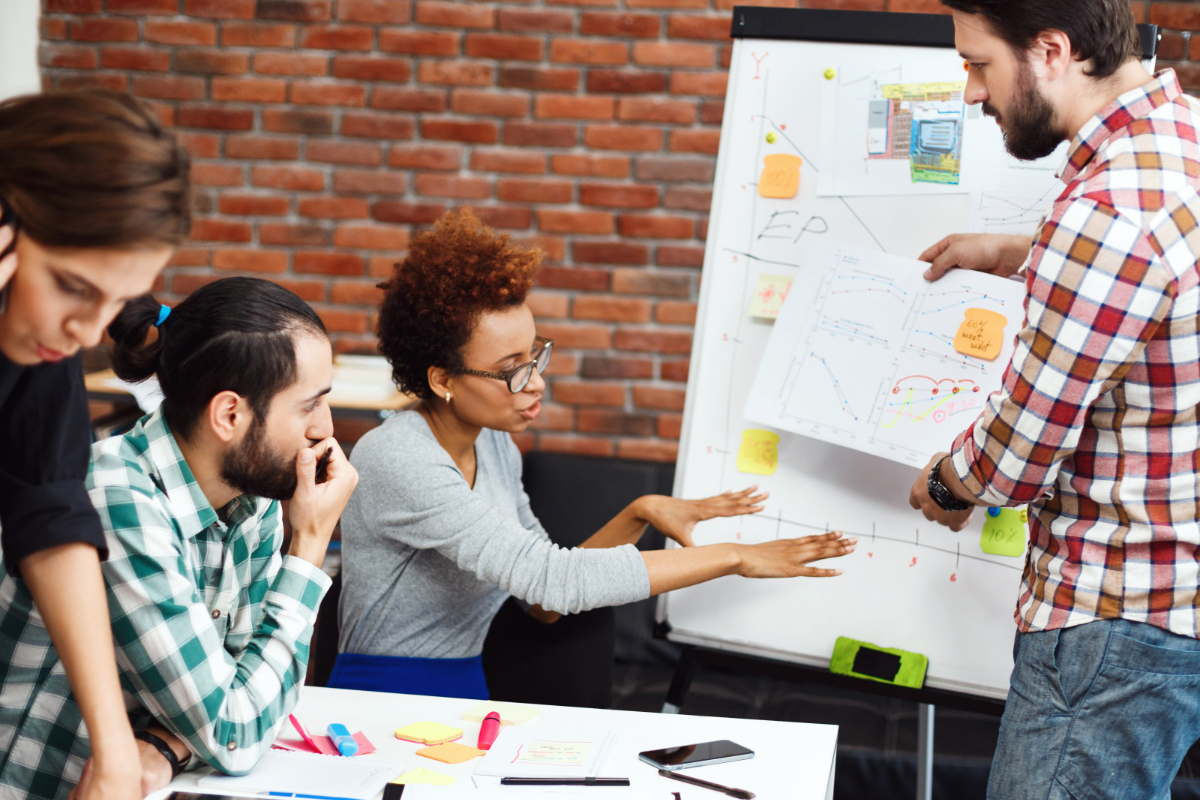 Debate: Plano de negócios Plano de negócios em debate em um local de trabalho por homens e mulheres sentados com líder de pé mostrando folhas em cavalete com post-its colados nas mesmas e parede de tijolos ao fundo