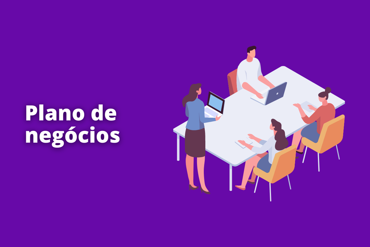 Montagem com fundo roxo e frase Plano de negócios em branco com símbolo web à direita que representa o tema