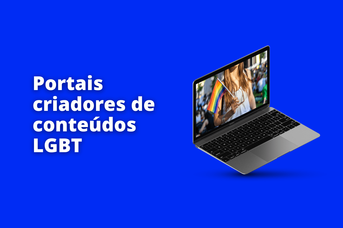 Montagem com fundo azul e frase Portais criadores de conteúdos LGBT em branco com símbolo web à direita que representa o tema