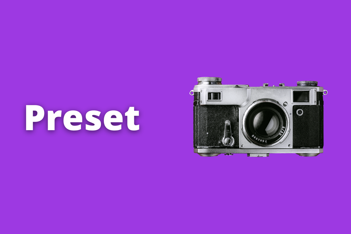 Montagem com fundo lilás e termo Preset em branco com símbolo web à direita que representa o tema